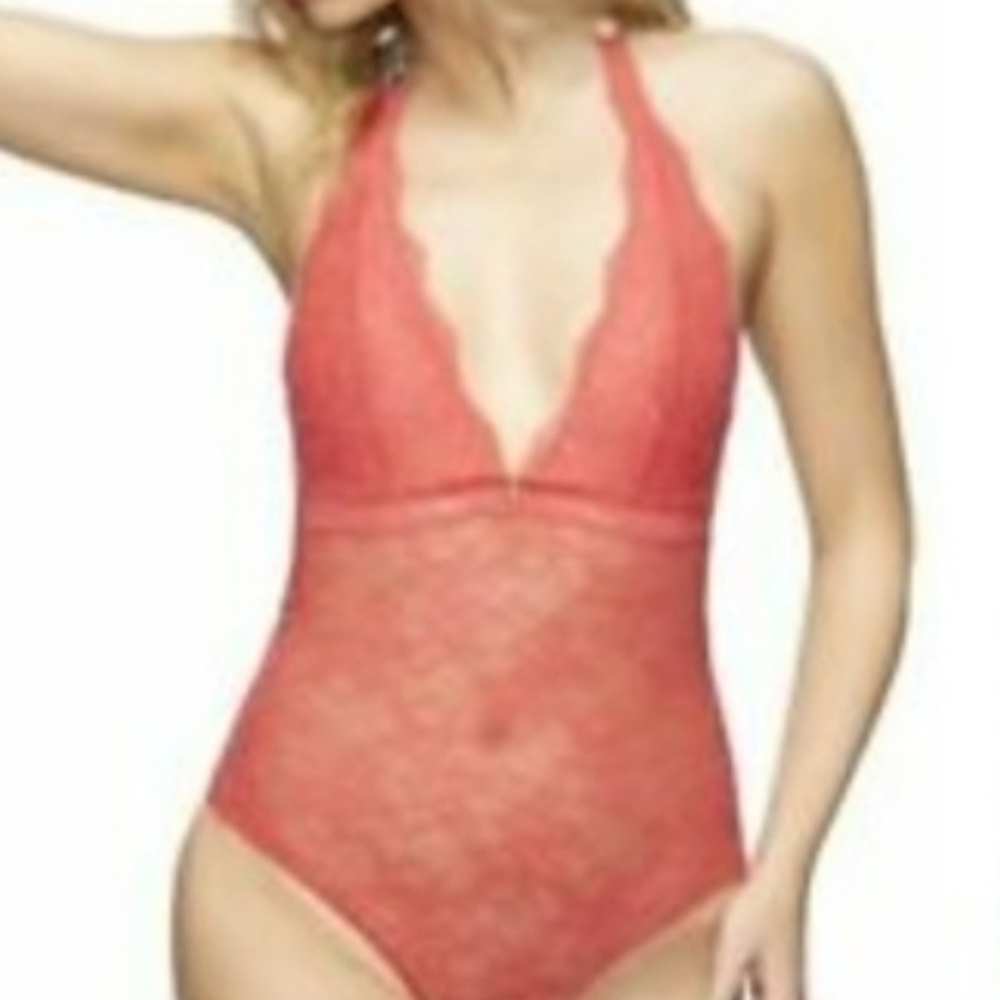 Sam Edelman Lace Halter Mesh Bodysuit in Geranium Medium